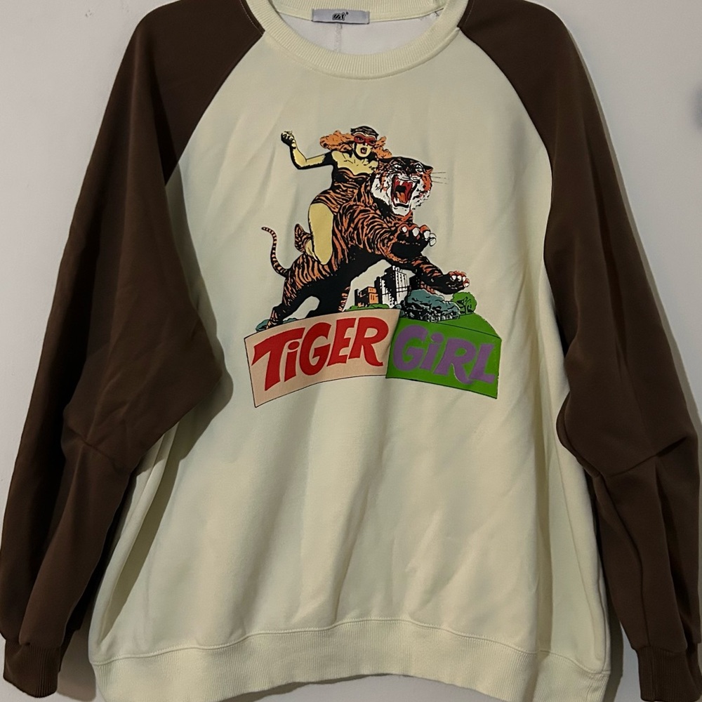 Oversized Tiger Girl Graphic Sweater - Cream and Brown